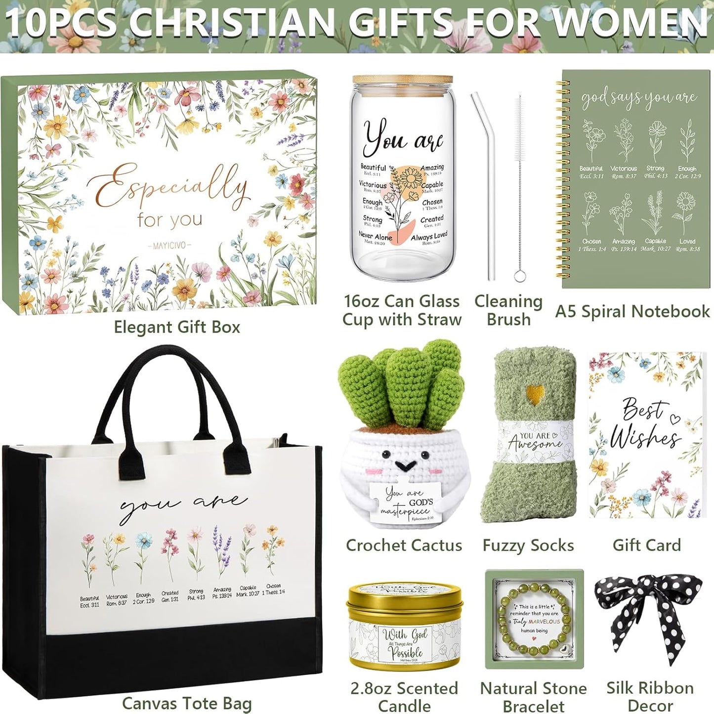 Christian Gifts for Christians Women Faith, Religious Inspirational Gifts for Catholic Women, Spiritual Christmas Birthday Gift Sets for Womens Mom Sister Best Friends Grandma Wife w/ Canvas Tote Bag