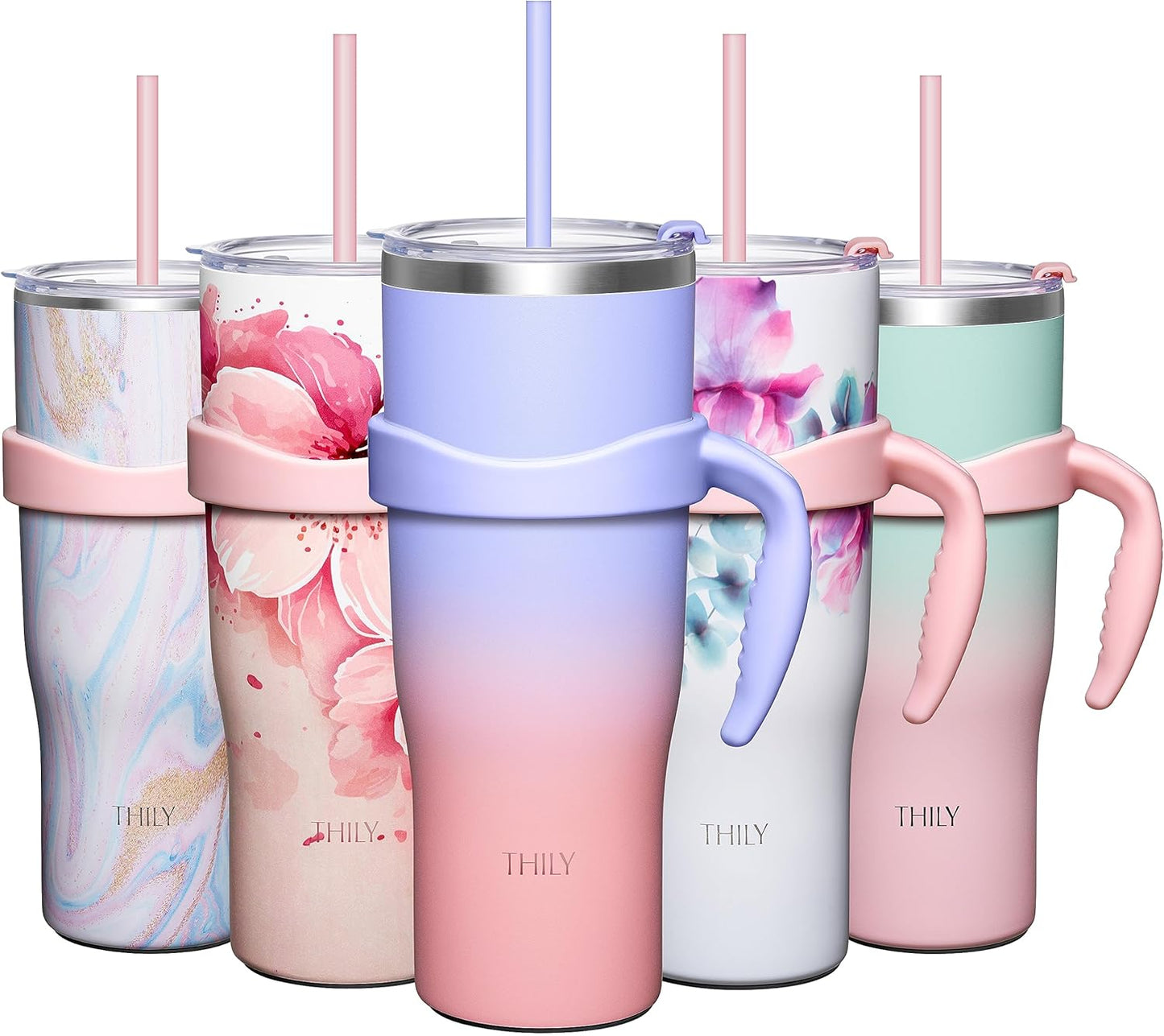 THILY 40 oz Insulated Tumbler with Handle - Stainless Steel Coffee Travel Mug with Lid and Straws, Keep Drinks Cold for 34 Hours or Hot for 12 Hours, BPA Free, Lavender Dream