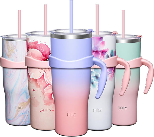 THILY 40 oz Insulated Tumbler with Handle - Stainless Steel Coffee Travel Mug with Lid and Straws, Keep Drinks Cold for 34 Hours or Hot for 12 Hours, BPA Free, Lavender Dream