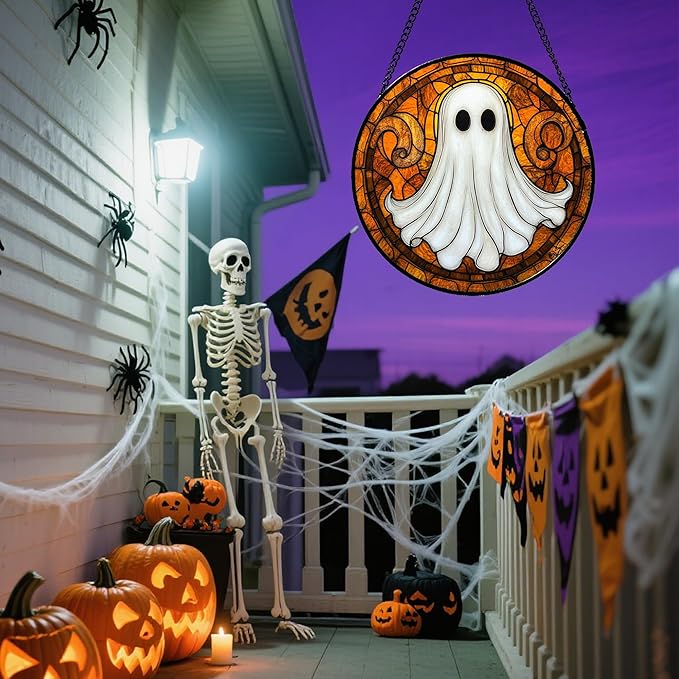 Stained Glass Window Hanging - Halloween Decoration Cute Ghost Suncatcher for Doors Garden Orange Black Spooky Sun Catchers Gothic Decor Horror Gifts for Women Men Friend Boy Girl 6.3 in