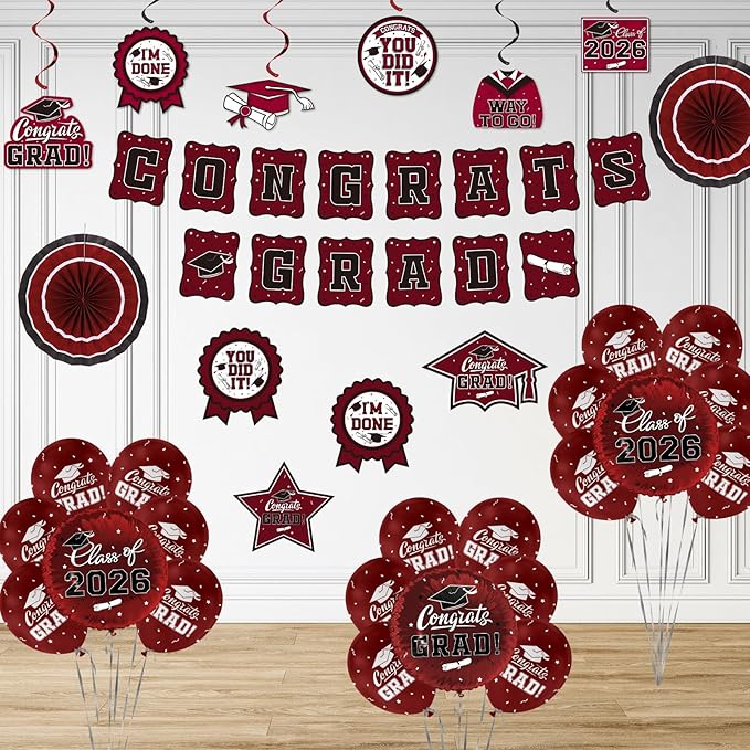 Maroon Themed 2026 Graduation Decorations Set - Congrats Grad Banner, Class of 2026 Backdrop, Balloons & Streamers Kit - Complete Party Supplies for High School & College Celebrations