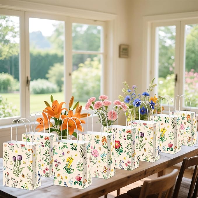 12 PCS Wildflower Party Favor Gift Bags Butterfly Floral Goodie Candy Bags Treat Boxes for Wildflower Birthday Baby Bridal Shower Wedding Party Favors Supplies