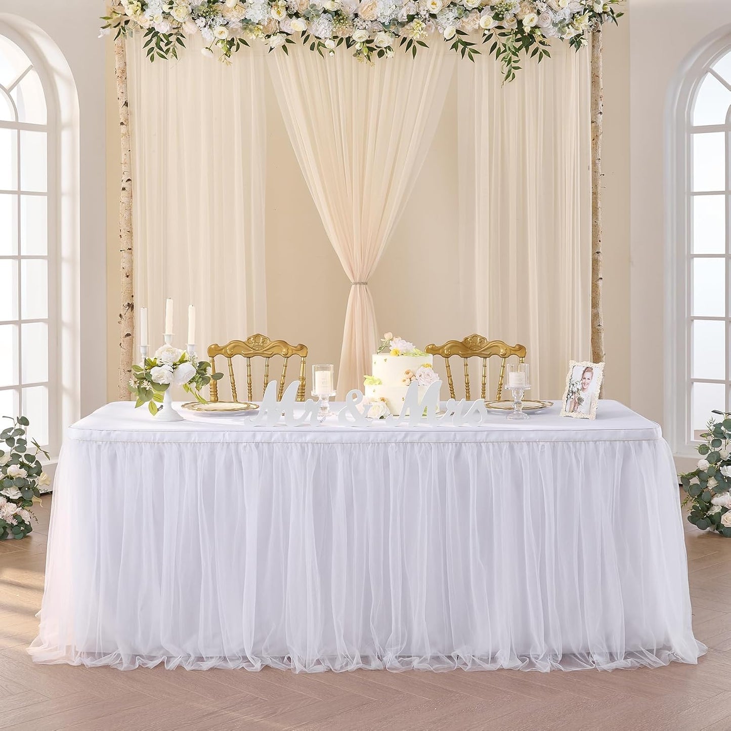 Suppromo 6ft White Tulle Table Skirt for Rectangle Tables or Round Tables Tutu Table Skirt White Ruffle Table Cloths for Wedding Bridal Shower Birthday Party Desk Skirt Decorations