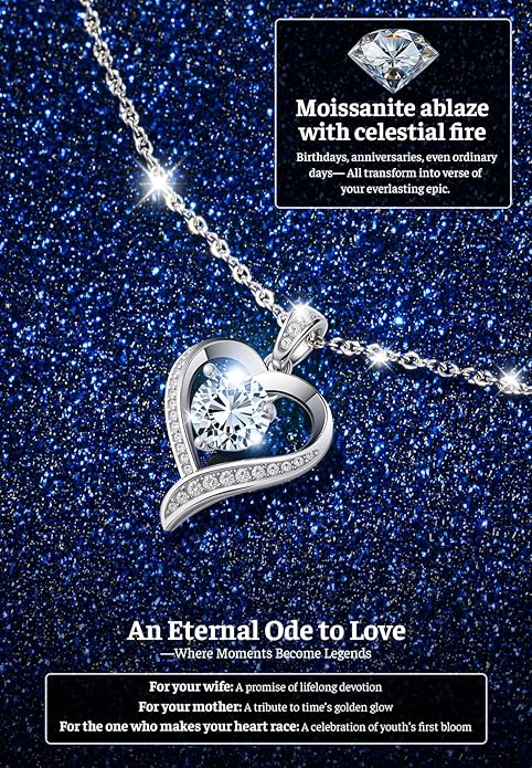 Valentines Day Gifts for Her - Heart Pendent Necklaces for Women, 1-3ct Moissanite Necklace with I love U Engraving - Anniversary Birthday Gifts for Wife, Girlfriend, Mother, 925 Silver Jewelry