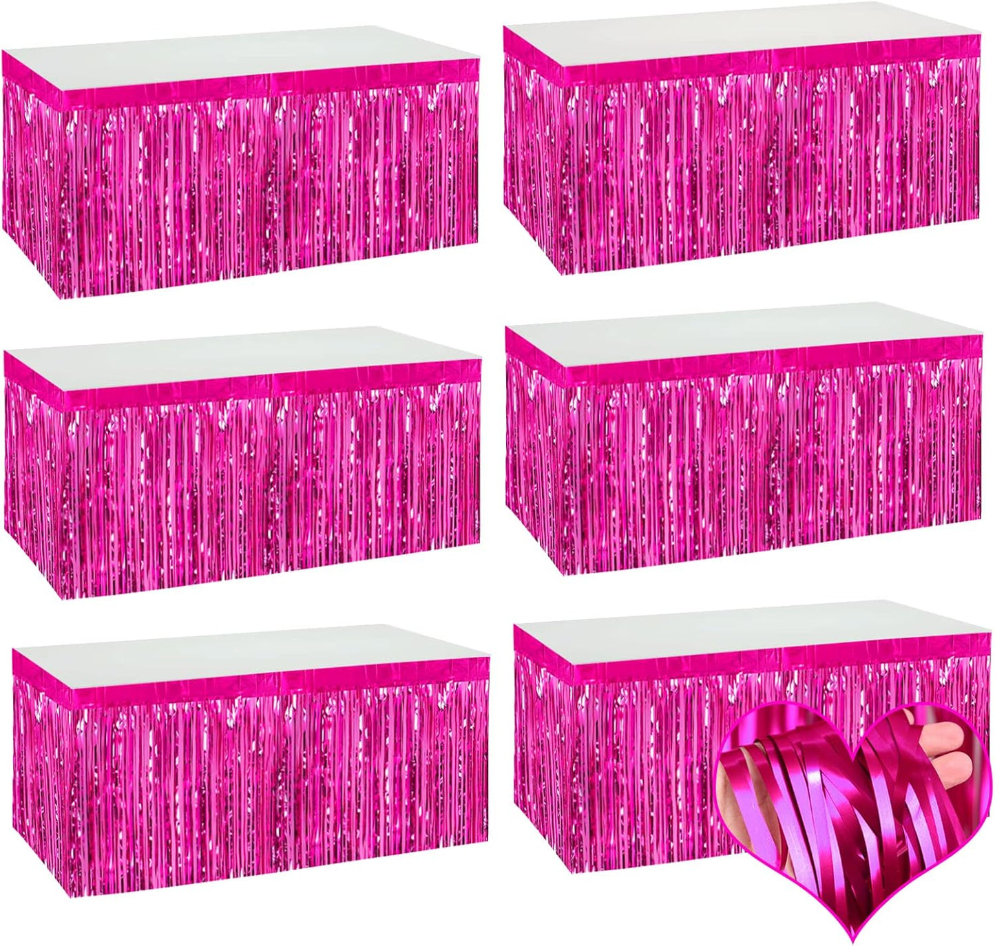 6 Pack 29x108 Inch Fuchsia Metallic Foil Fringe Table Skirts Banner for Tinsel Streamer Garland Curtains Backdrop for Parade Floats Wedding Baby Shower Birthday Christmas Halloween Party Decoration