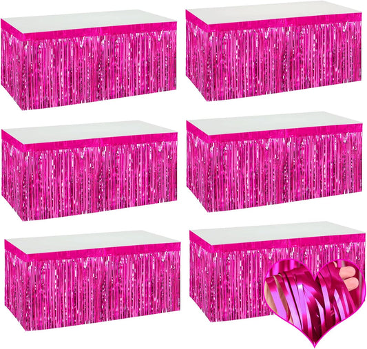 6 Pack 29x108 Inch Fuchsia Metallic Foil Fringe Table Skirts Banner for Tinsel Streamer Garland Curtains Backdrop for Parade Floats Wedding Baby Shower Birthday Christmas Halloween Party Decoration