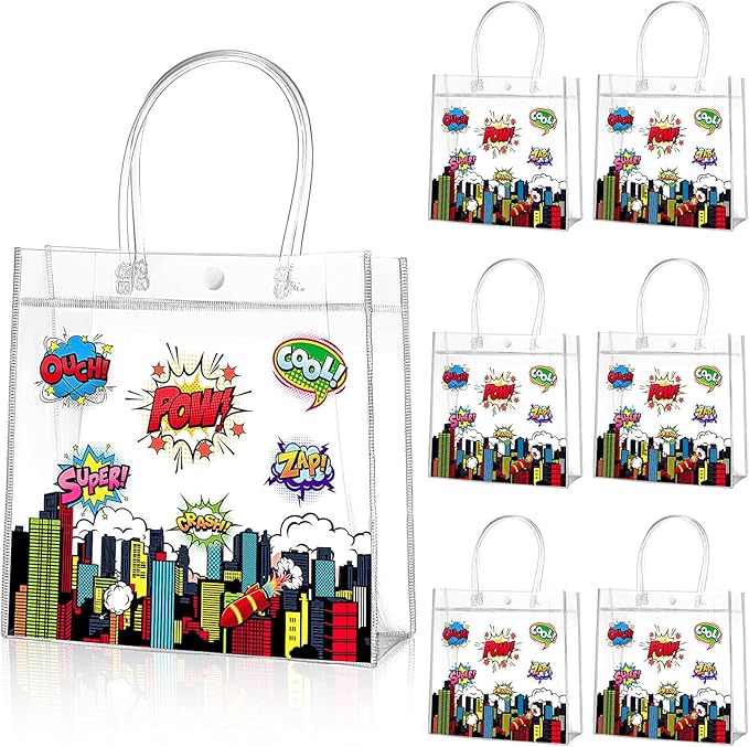 Aliceset 20 Pcs Hero Clear Favor Bags with Handles Hero Party PVC Treat Plastic Gift Bags for Birthday Party Rewards Supplies, 8 x 8 x 3.15 Inch