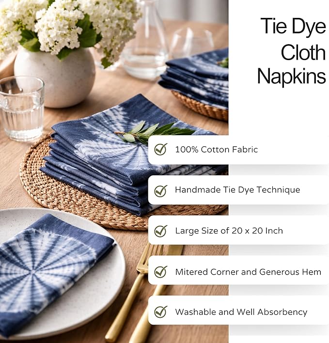 FINGERCRAFT Cloth Napkins Set of 6 Cotton Blend Tie Dye 20x20 Inch Large Size Dinner Napkins Cloth Perfect for Parties Dinners Weddings Cocktail Christmas Easter Royal Blue Circle
