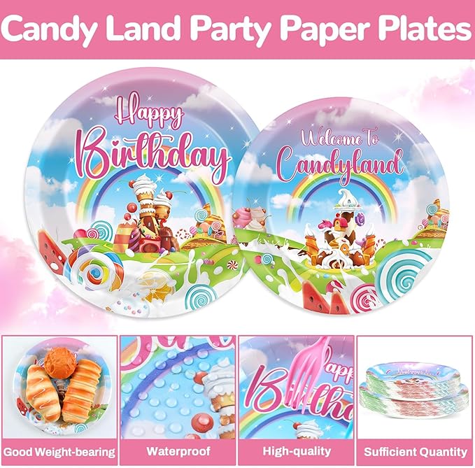 96Pcs Candyland Party Supplies Candyland Birthday Paper Plates Napkins Disposable Candy Land Party Decorations Sweet Candy Dinnerware Party Favor for Baby Shower Birthday Party Tableware Serves 24