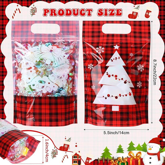 Blosssound 50 Pcs Christmas Party Gift Bags Red Black Plaid Plastic Bags Xmas Buffalo Favor with Handle for Christmas Holiday Party Candy Guests Gift Wrapping Supplies Decor (Buffalo Plaid)