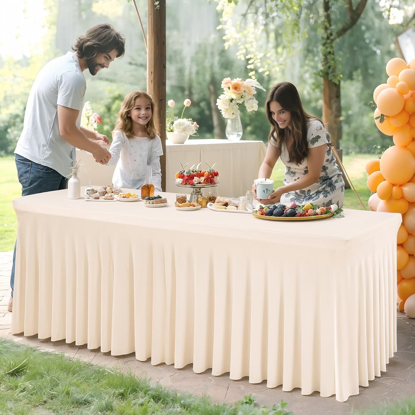 Ivory Spandex Table Covers 8ft, 6 Packs Fitted Table Covers for 8 Foot Tables Stretch Spandex Table Skirts Rectangle Tables for Event, Wedding, Banquet & Parties