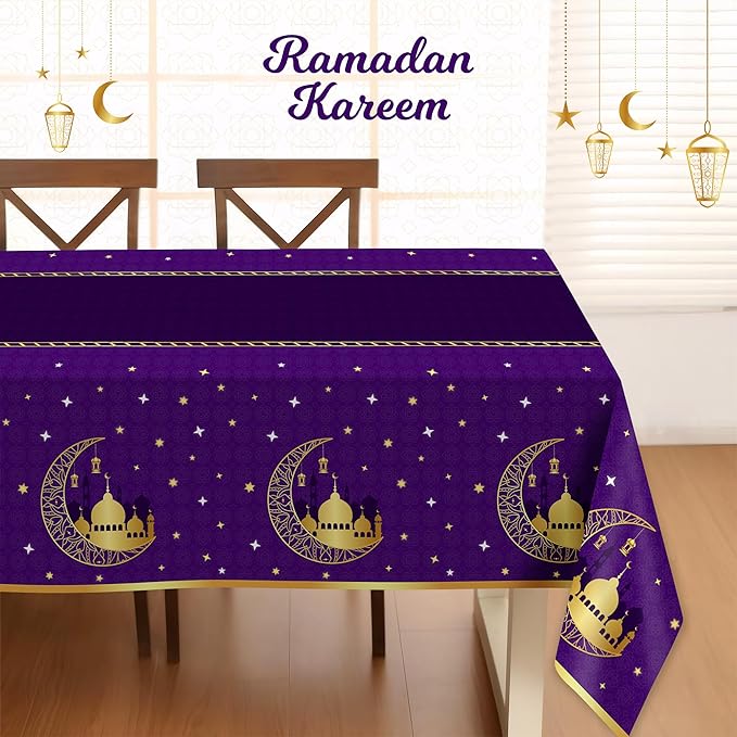 Childom 3 Pack Ramadan Table Cloth,Ramadan Decorations for Home,54" x 108" Eid Mubarak Decorations,Eid Ramadan Tablecloth Rectangular,Purple Plastic Table Cloth Disposable Table Cover for Party Favors