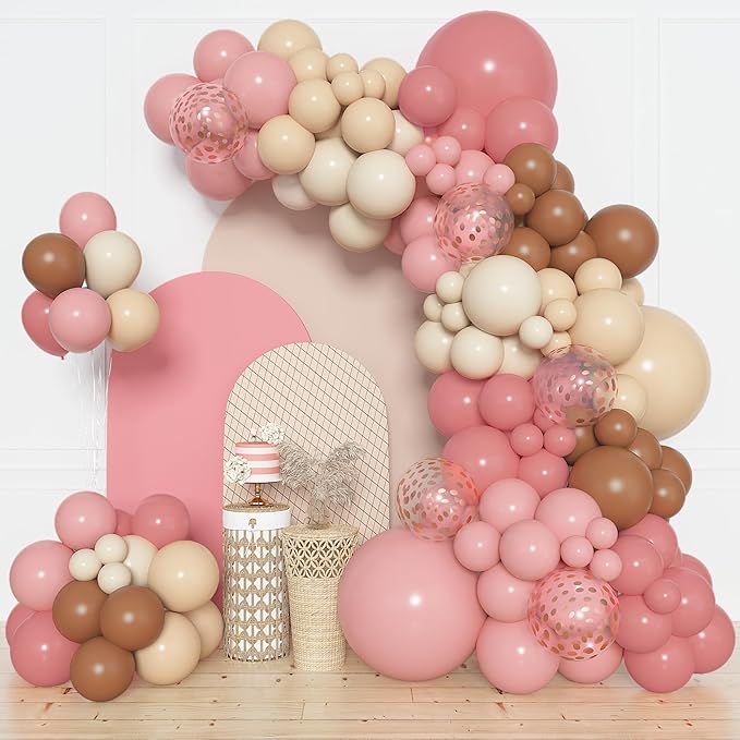 Amandir 154 Pcs Boho Balloon Arch Garland Kit, Retro Dusty Rose Pink Blush Brown Nude Balloons for Boho Theme Birthday Baby Shower Wedding Party Decorations Supplies