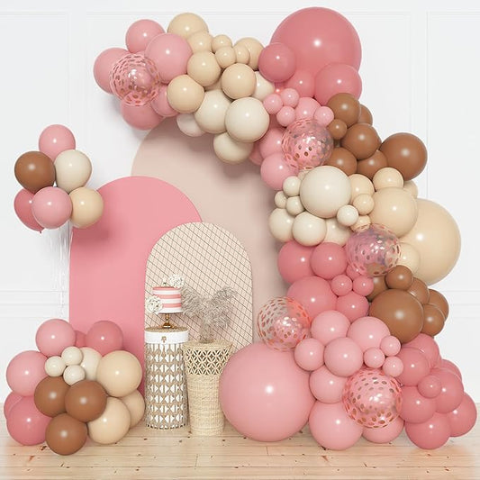 Amandir 154 Pcs Boho Balloon Arch Garland Kit, Retro Dusty Rose Pink Blush Brown Nude Balloons for Boho Theme Birthday Baby Shower Wedding Party Decorations Supplies
