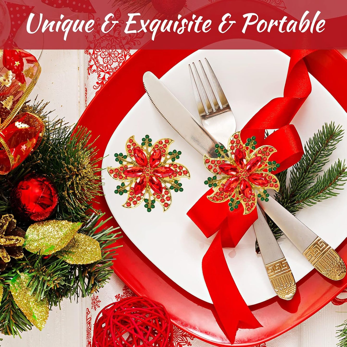 Legigo Set of 6 Christmas Flower Napkin Rings Set- Metal Xmas Napkin Ring Holders for Cloth Napkins, Christmas Holiday Party Dinner Table Decoration