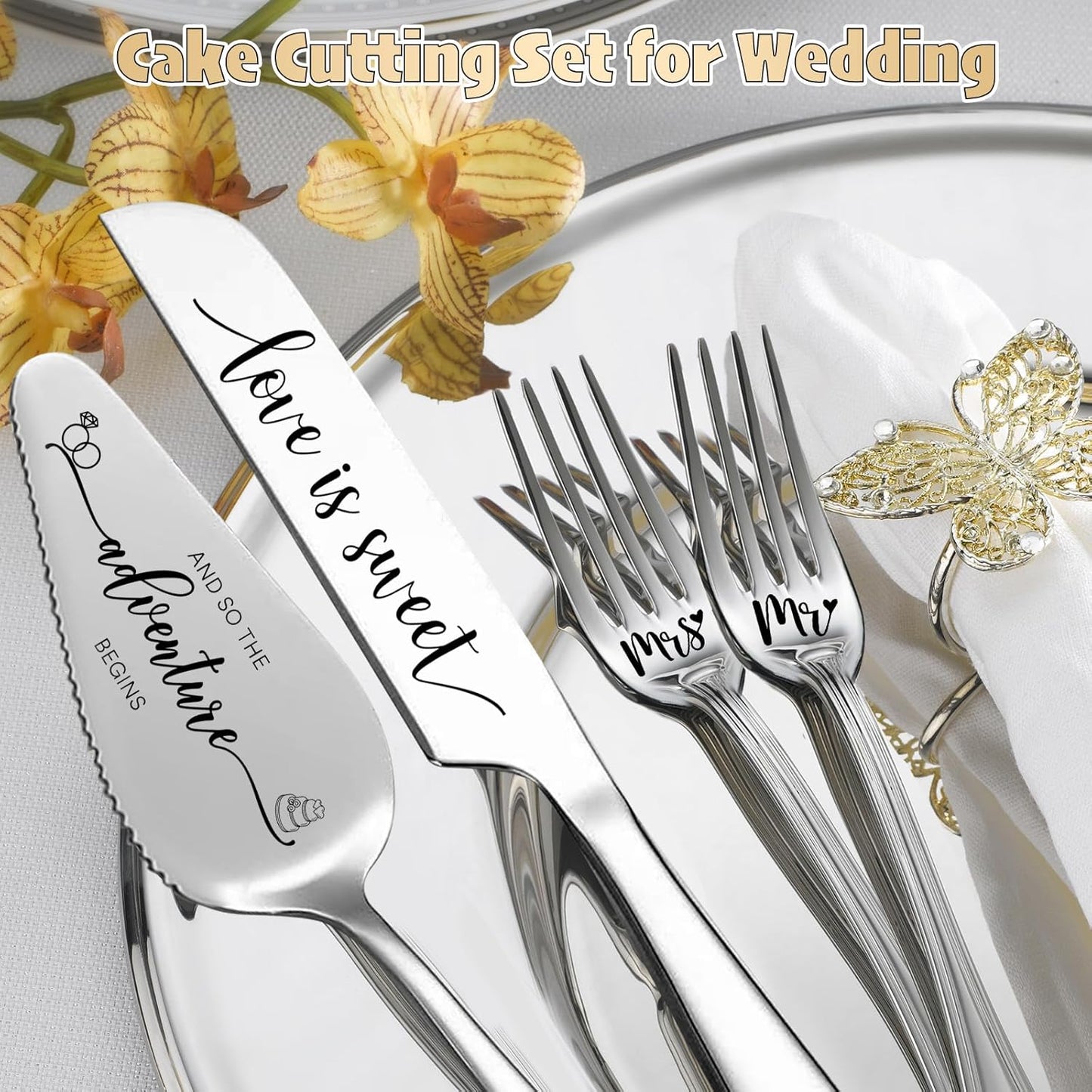 Engraved Wedding Cake Knife and Server Set, Silver Wedding Cake Cutting Set, 4 Pcs Includes Mr and Mrs Forks, Funny Engagements Gifts for Couple