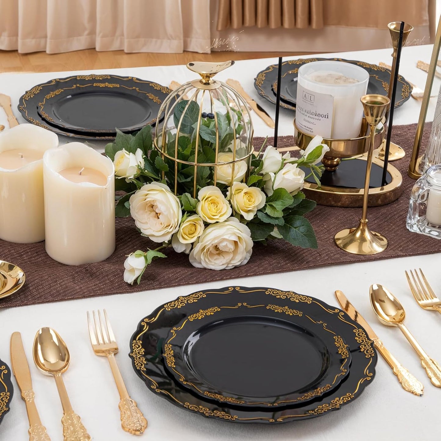 DaYammi 60PCS Black and Gold Plastic Plates, Heavy Duty Black and Gold Disposable Plates Premium 10inch Dinner Plates Hard Plastic Plates Disposable for Halloween Party and Wedding