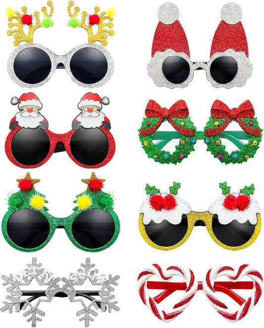 Pibupibu 8 Pack Merry Christmas Party Favors Funny Eyeglasses Set, Christmas Tree, Garland, Santa Claus, Elk, Snowman Eyewear