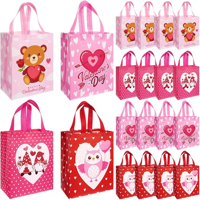 Wesnoy 24 Pcs Valentine's Day Gift Tote Bags Bulk Reusable Non Woven Gift Wrap Cute Treat Goodie Bags with Handle for Valentine's Day Wedding Birthday Party Favor Supplies