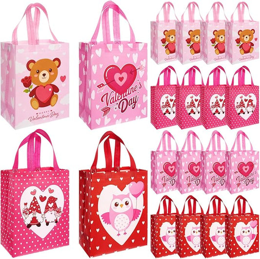 Wesnoy 24 Pcs Valentine's Day Gift Tote Bags Bulk Reusable Non Woven Gift Wrap Cute Treat Goodie Bags with Handle for Valentine's Day Wedding Birthday Party Favor Supplies