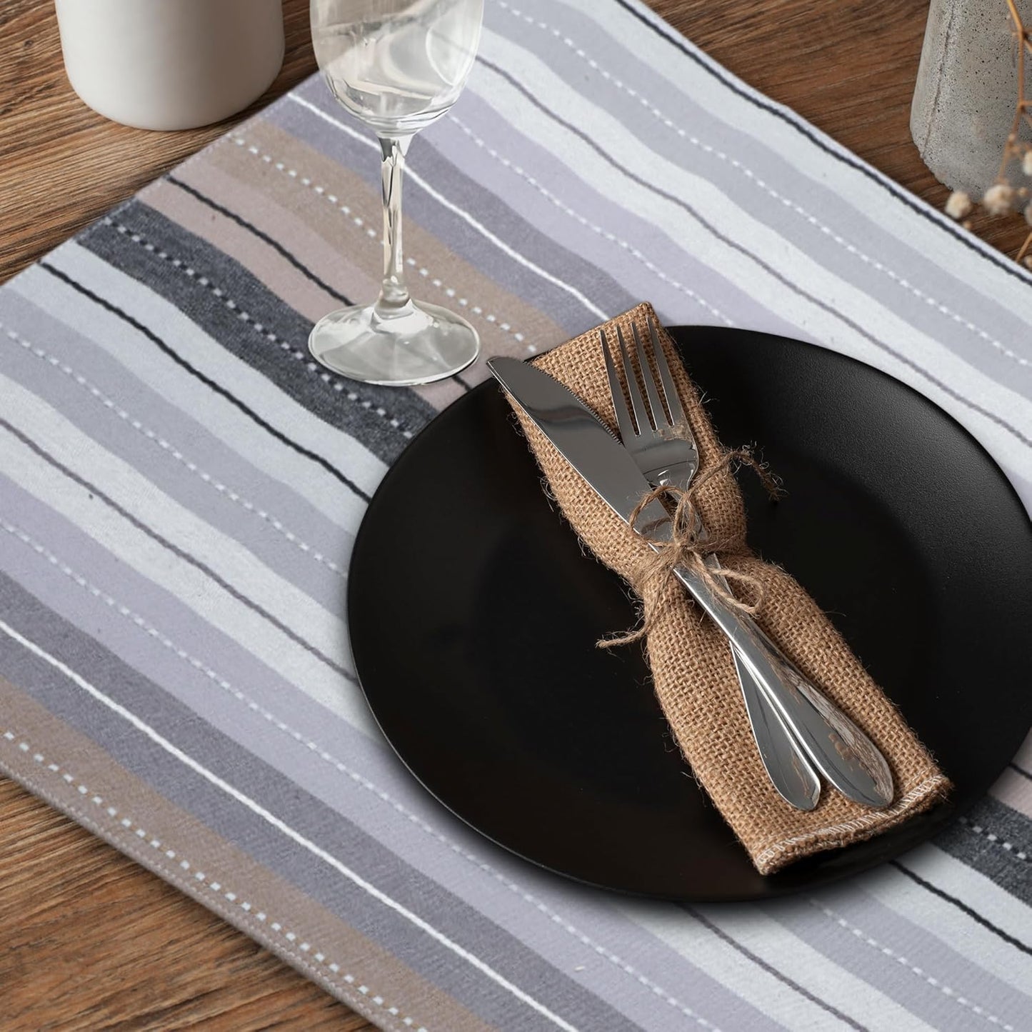 Urban Villa Christmas Placemats Grey Multi Stripes 100% Cotton Fused Tablemats for Dining Size 14''x20'' Set of 6 Placemats for Christmas Celebrations Wedding Parties Every Day Use Heavier Quality