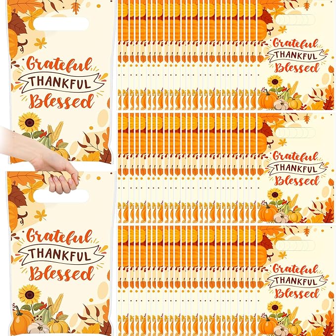 Supervitae 100 Pcs Thankful Grateful Blessed Party Gift Bags Fall Harvest Favor Bags Bulk with Handles for Thanksgiving Snacks Goodie Candy Treat Party Supplies