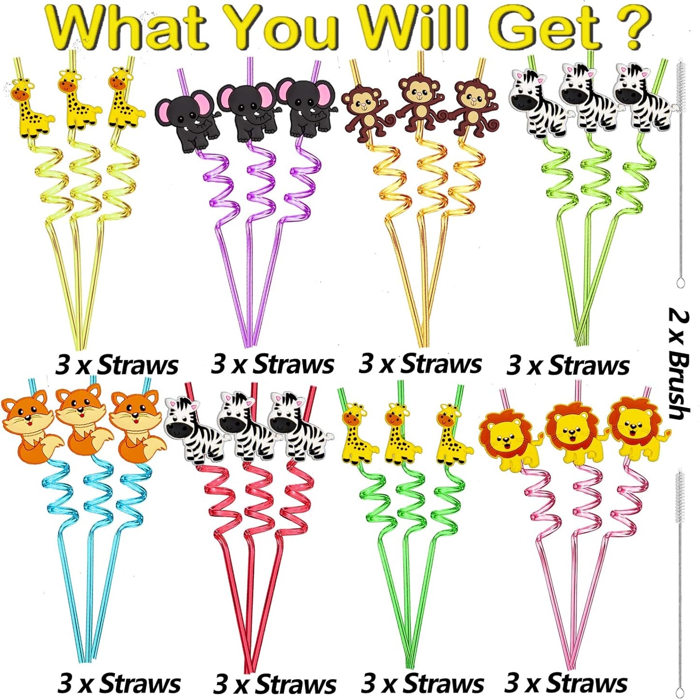 24pcs Forest Animals Crazy Shape Straws, Drink Cocktail Straws for Lion Fox Zebra Giraffe Monkey Safari Birthday Party Supplies Party Favors, Woodland Party Favors with 2 Cleaning Brushes 8 Colors