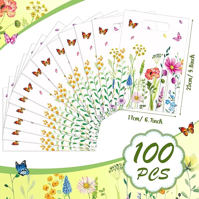 Kosiz 100 Pcs Wild Flower Gift Bags Bulk 6.7 x 9.8 Inches Plastic Wild Floral Treat Candy Goodie Favor Bags with Handles for Spring Summer Birthday Wedding Bridal Shower Floral Party Supplies Decor