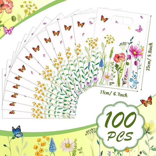 Kosiz 100 Pcs Wild Flower Gift Bags Bulk 6.7 x 9.8 Inches Plastic Wild Floral Treat Candy Goodie Favor Bags with Handles for Spring Summer Birthday Wedding Bridal Shower Floral Party Supplies Decor