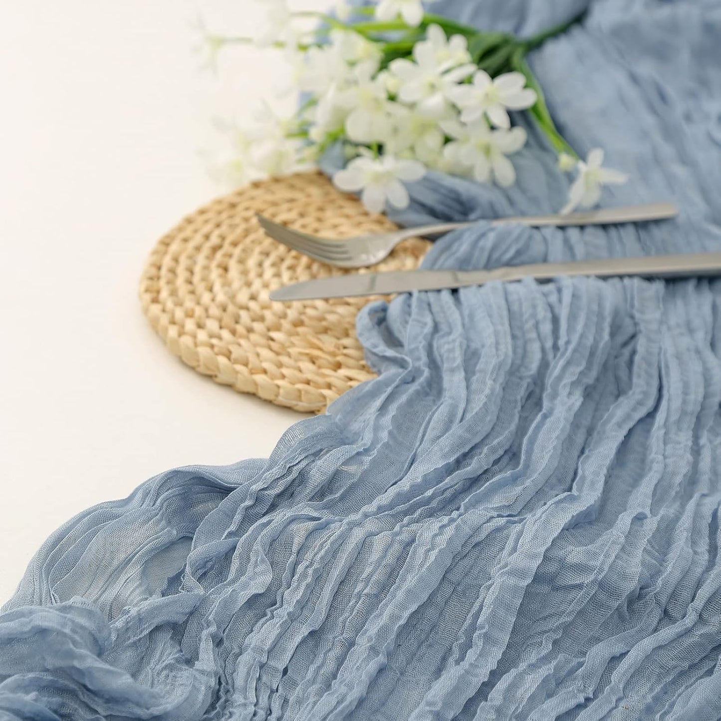 DOLOPL Dusty Blue Cheesecloth Table Runner for Gender Reveal Decorations 13.3ft Boho Gauze Cheese Cloth Table Runner Rustic Sheer Runner 160inch Long for Wedding Bridal Baby Shower Decorations