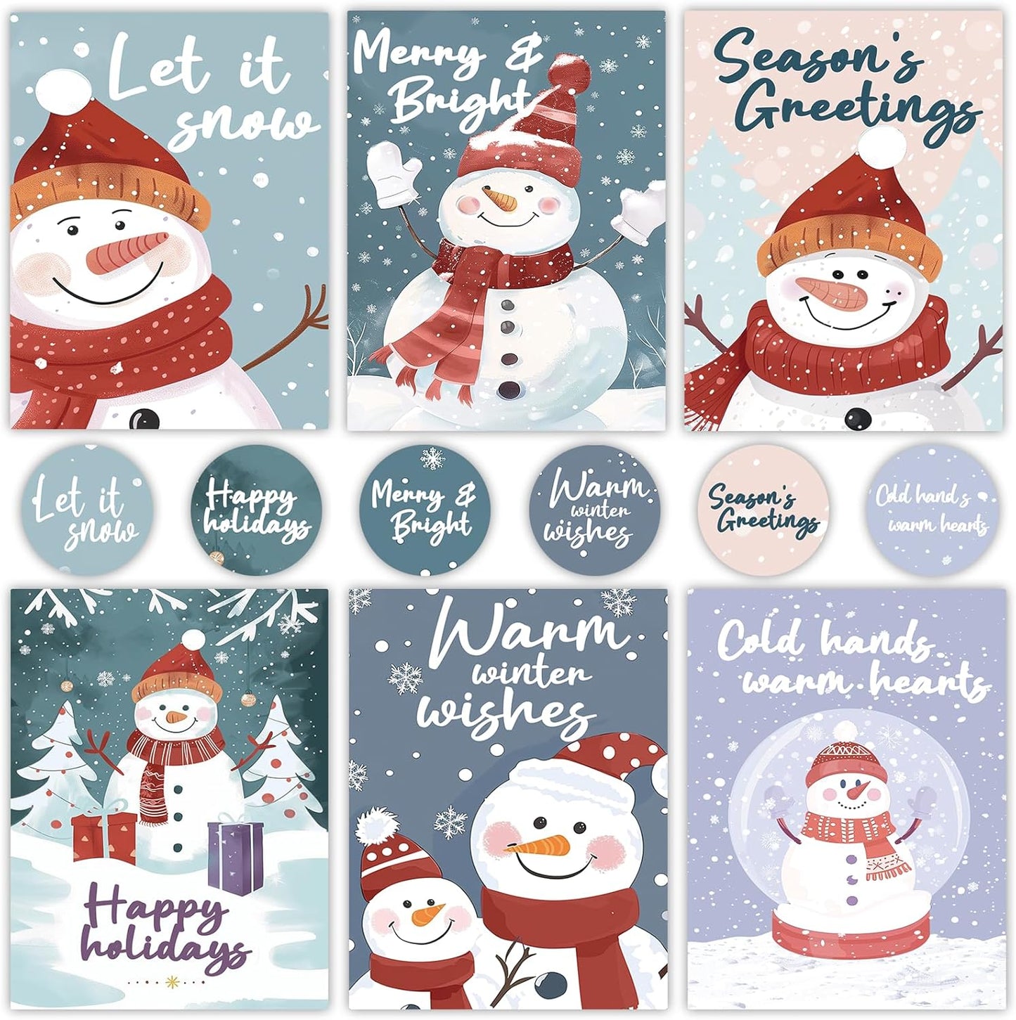 NESCCI 24 PCS Snowman Cards,Holiday Cards With Envelopes and Stickers,4x6 Inches,6 Different Designs of Snowman Greeting Cards,Cute Snowman Greetings, Kids Holiday Card