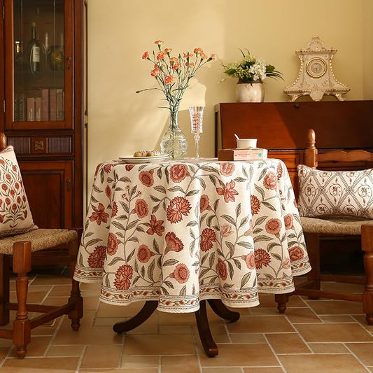 ISAENNE Designer French Round Tablecloth,Linen Orange Floral Pattern Indoor Table Cloth,Wrinkle Resistant Decor Table Cloth for Dining Thanksgiving Kitchen Party,Diameter 67"-Alvarado D