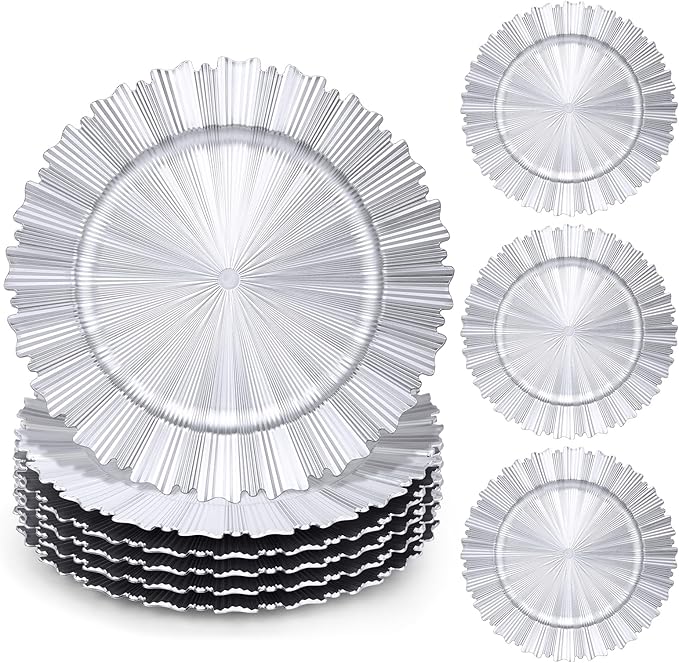 6 Pcs Silver Charger Plates,13 Inch Elegant Fluted Edge Plastic Charger Plates Reusable Table Chargers for Dinner Birthday Wedding Party Bridal Showers Tableware Dishes Luxury Decor
