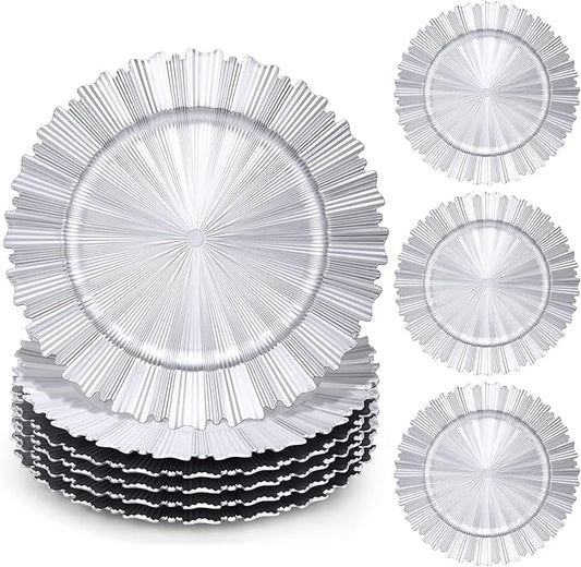 6 Pcs Silver Charger Plates,13 Inch Elegant Fluted Edge Plastic Charger Plates Reusable Table Chargers for Dinner Birthday Wedding Party Bridal Showers Tableware Dishes Luxury Decor