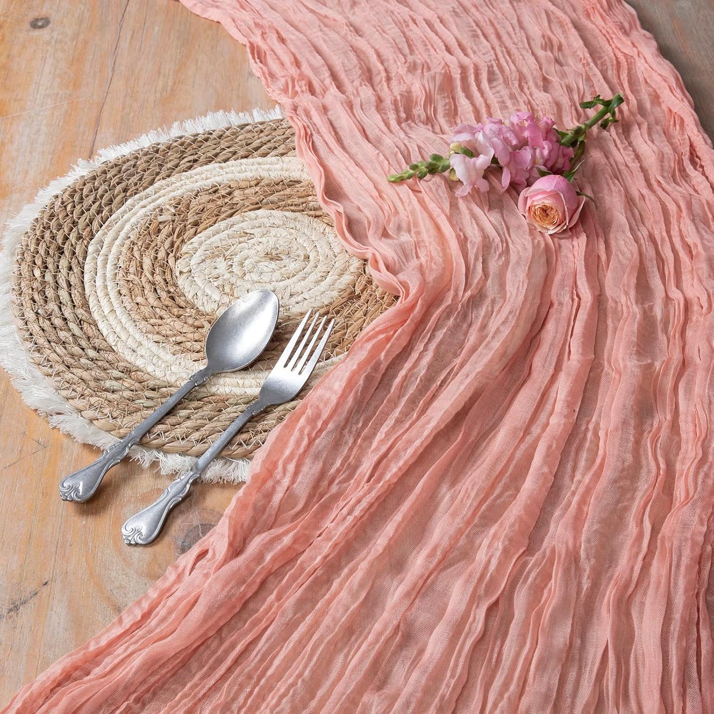 DOLOPL Coral Baby Shower Decorations for Girl Cheesecloth Table Runner 13.3ft Boho Gauze Cheese Cloth Table Runner Rustic Sheer Runner 160inch Long for Wedding Bridal Birthday Party Cake Table