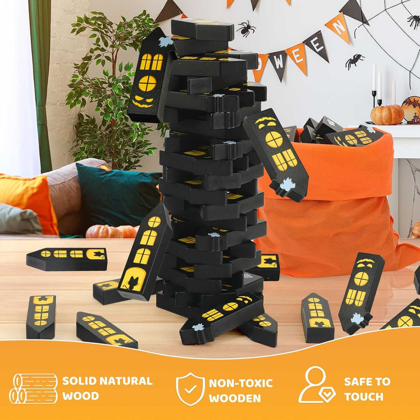 Halloween Wooden Blocks Stacking Games, Haunted Castle Theme Tumbling Tower and Balance Game for Adults, Kids, and Family Party, Stacking Board Toy with Storage Bag, Halloween Party Activities Gifts