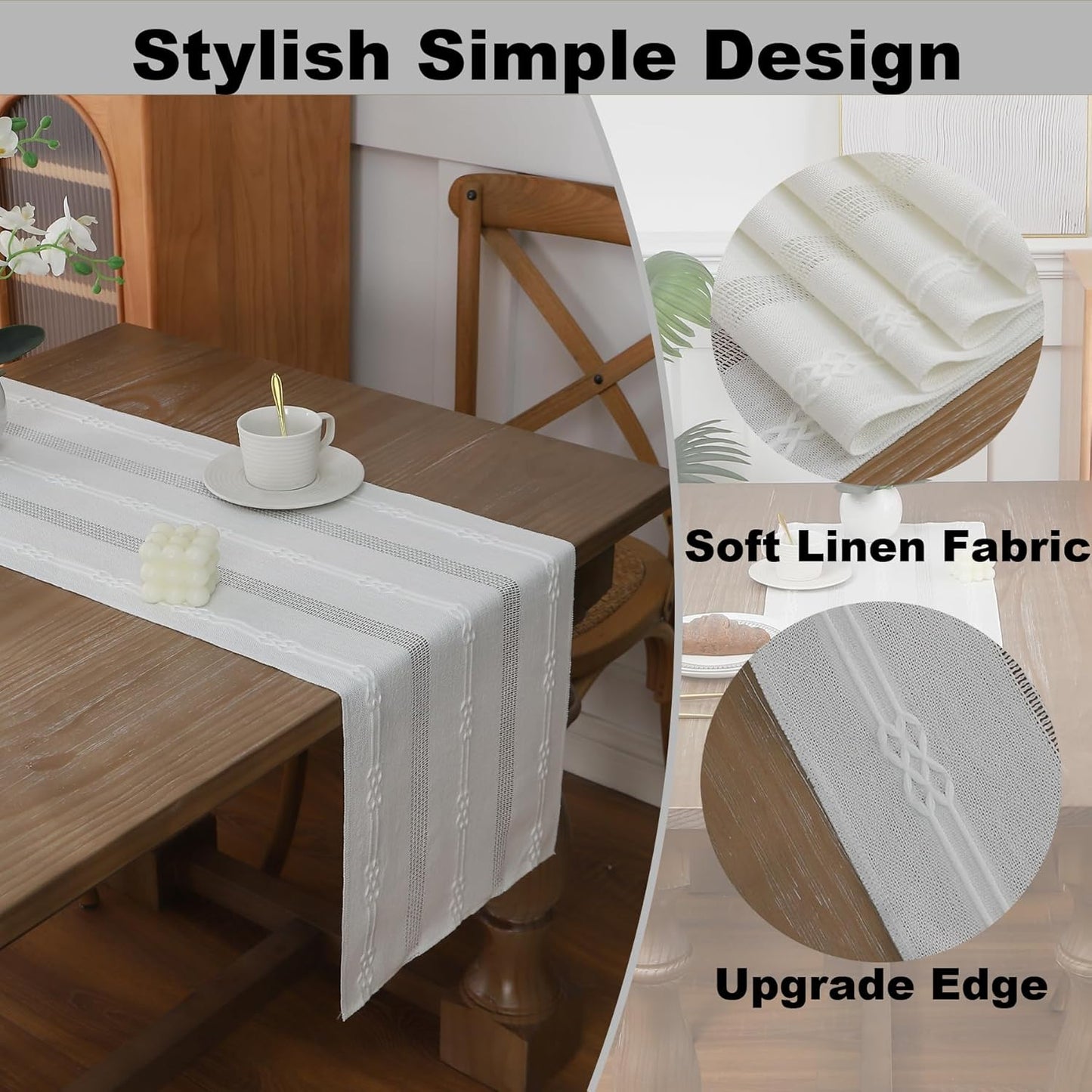 Gernaice Boho Table Runner, Embroidered Cotton Linen Farmhouse Table Runners for Holiday Wedding Dining Living Room Bedroom Home Decor, 108" L X 13" W Cream White