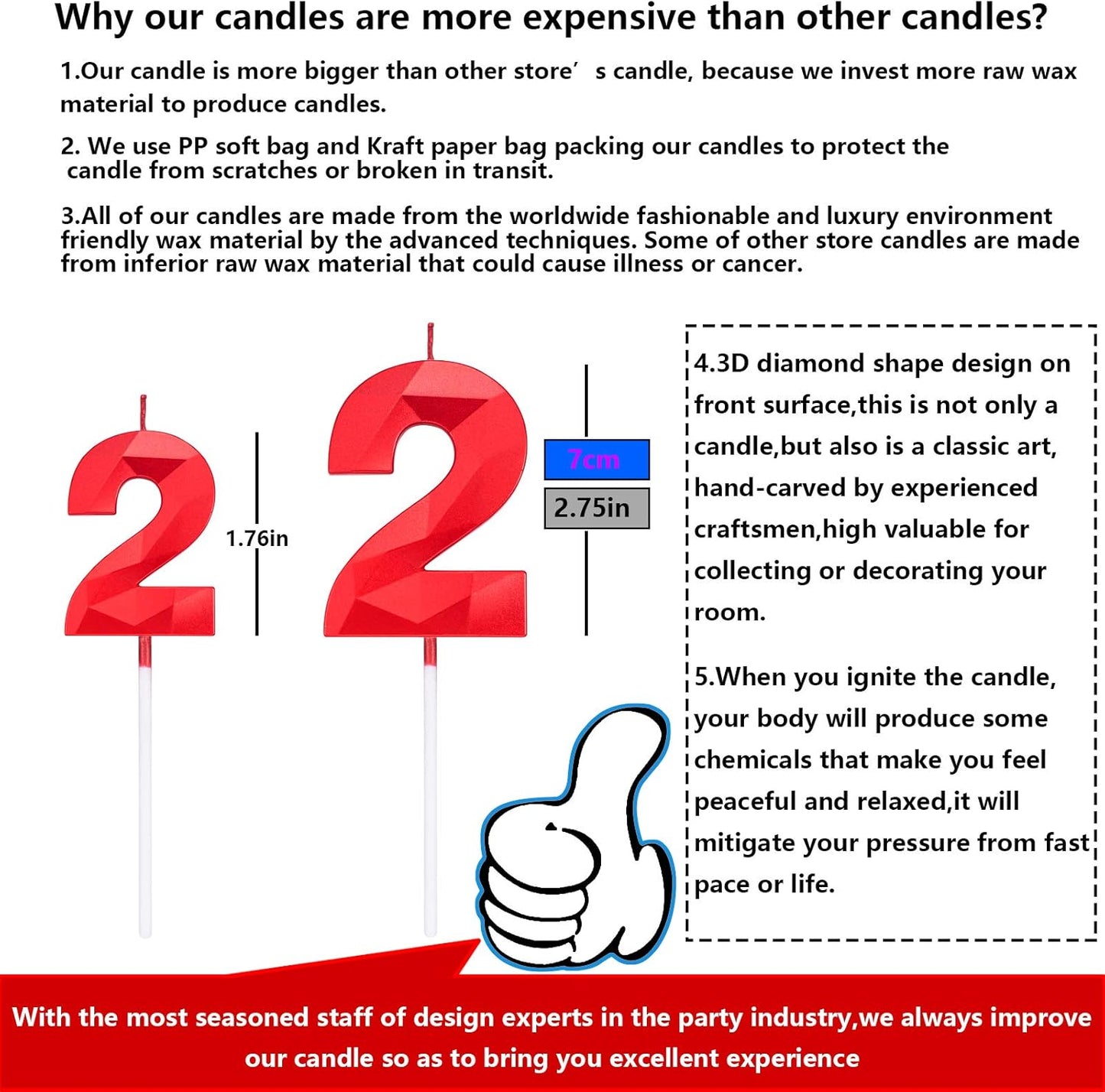 2.75in Tall 3D Diamond Shape Bright Red 2 Candles, Red Color Happy Birthday Cake Toppers Decorating and Celebrating for Adults/Kids Party/Family Baking (Bright Red Diamond Shaped 2.75in Number 2)