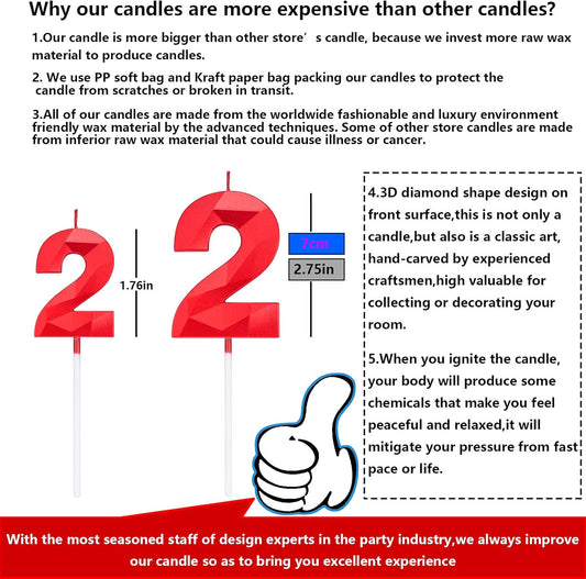 2.75in Tall 3D Diamond Shape Bright Red 2 Candles, Red Color Happy Birthday Cake Toppers Decorating and Celebrating for Adults/Kids Party/Family Baking (Bright Red Diamond Shaped 2.75in Number 2)