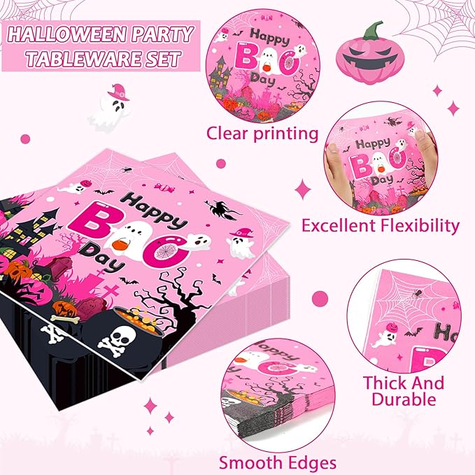 96Pcs Halloween Happy Boo Day Party Supplies - Pink Ghost Pumpkin Paper Plates, Napkins, Dinnerware & Party Favors - Serves 24