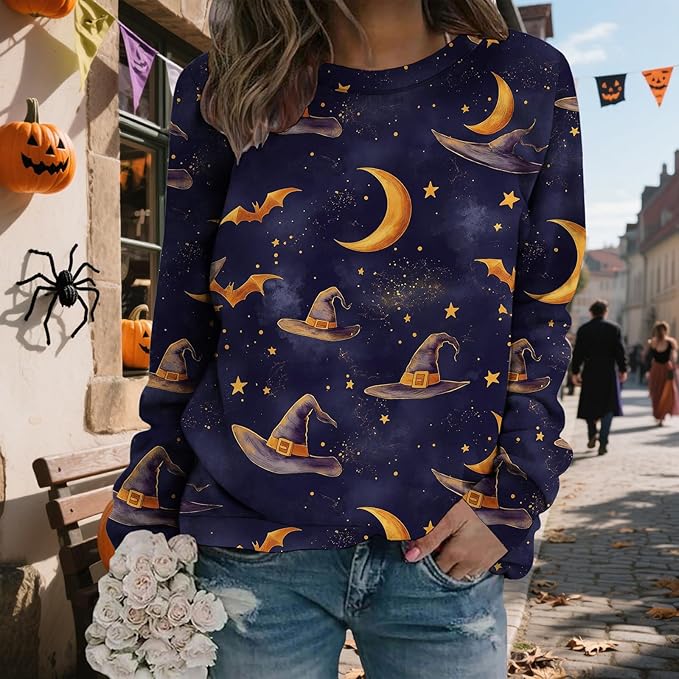 LIZALIG Pullover Cute Sweatshirt Orange Skeleton Fall Festive FunWomens Design Bat Holiday Party Outings Pumpkin Print