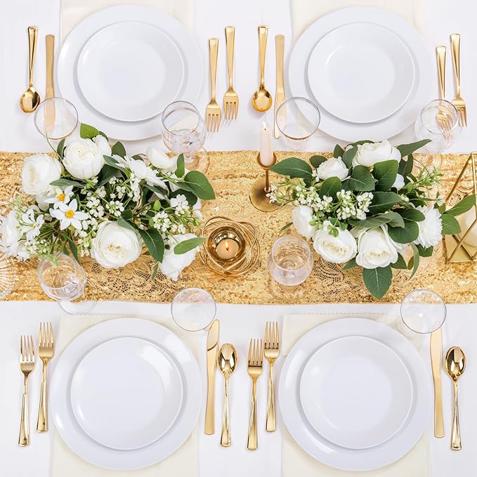 Nervure 100Pcs White Plastic Plates - 10.25inch Disposable White Dinner Plates - Heavy Duty Plastic Plate Ideal for Wedding & Party (Pack of 2)