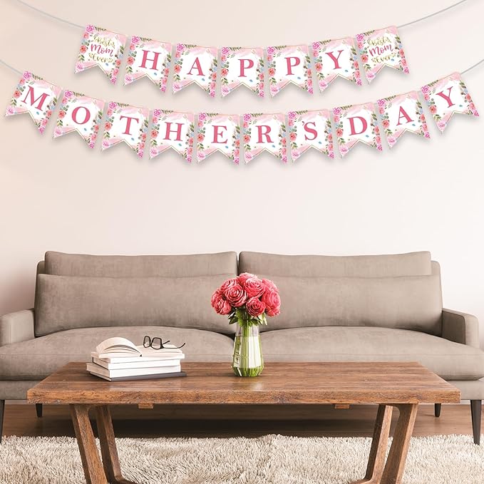 Happy Mothers Day Banner - Pink Mother's Day Decorations Banners, 2026 Best Mom Ever Sign Bunting Banner Garland for Mothers Days Home, Office, Fireplace, Wall Party Decor Supplies Favors Props