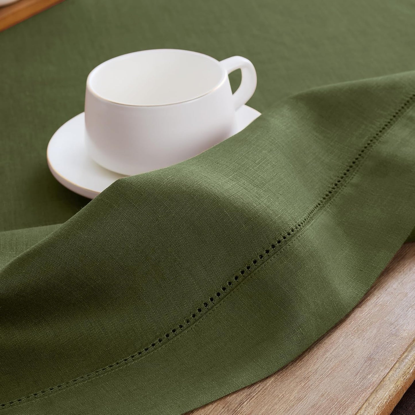 Solino Home Olive Linen Tablecloth 60 x 90 Inch - 100% Pure Linen Hemstitch Table Cloth for Rectangle Tables - Classic Hemstitch, Machine Washable Tablecloth for Fall, Autumn, Thanksgiving