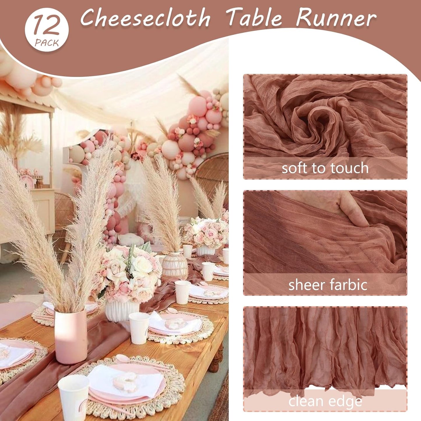 Fivenl 12 Pack Cheesecloth Table Runner 35x72 Inch Boho Gauze Rustic Cheese Cloth Long Romantic for Wedding Bridal Shower Birthday Party Decor (Dusty Blush)