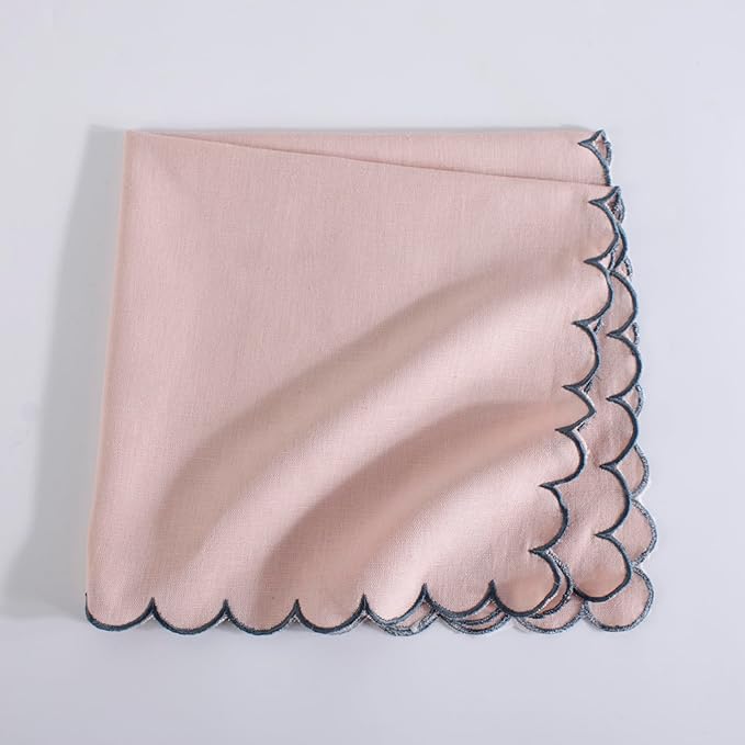 FINGERCRAFT Cloth Napkins, Everyday Use Reversible Scallop Design, Premium Quality Cotton Linen Blend Napkin Set of 6 Perfect for Parties Dinners Weddings Easter Napkin Cloth 20x20 Inch Dusty Pink