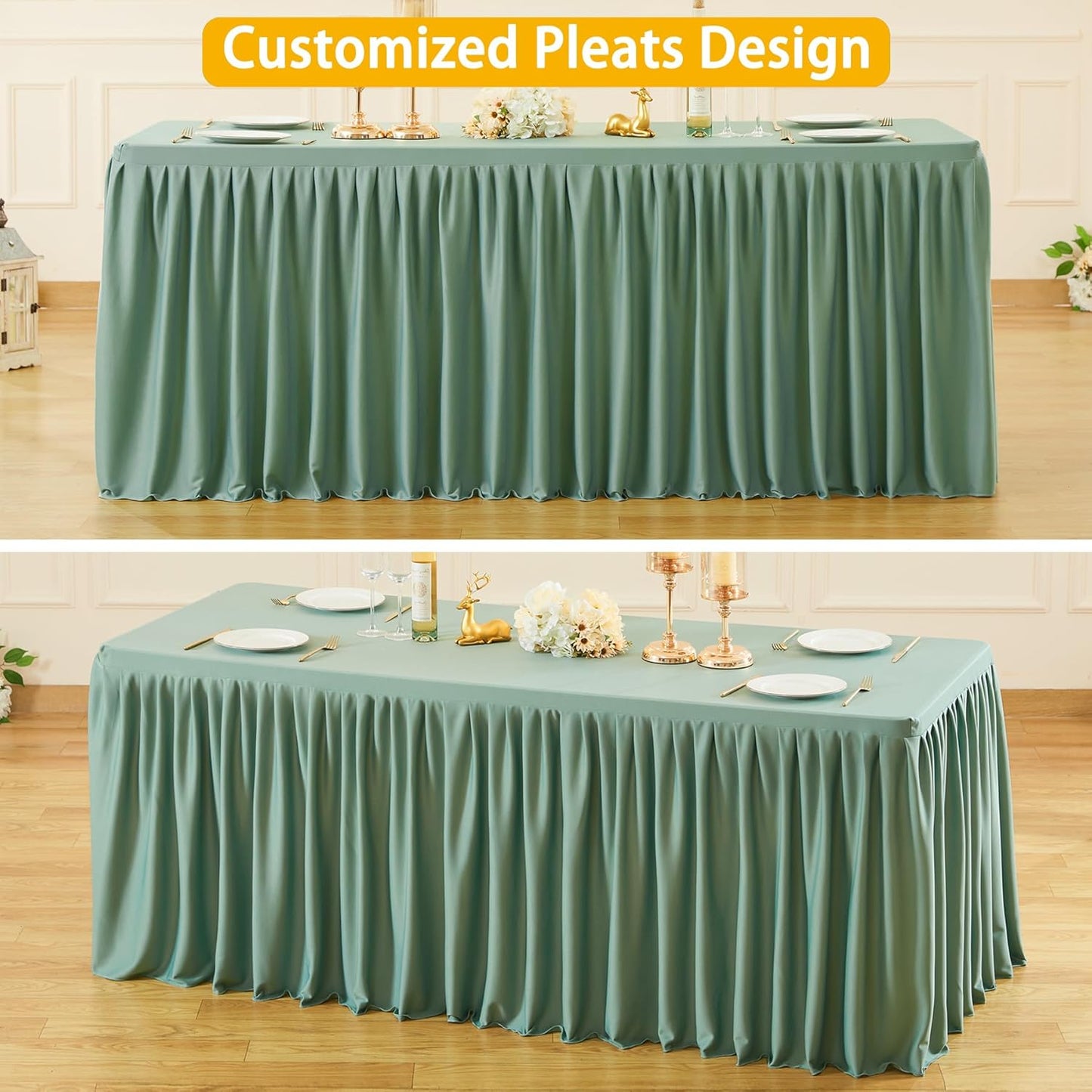 Sage Green Polyester Table Clothes for 4 Foot Rectangle Tables, Wrinkle Free Fitted Table Cover with Pleated Ruffle Table Skirt for Birthday Party Wedding Trade Show Event Display