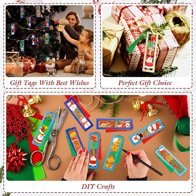Yexiya 100 Pcs/50 Set Christmas DIY Wooden Bookmarks Bulk for Book Lovers, Christmas Bookmarks Decorations, Santa Snowman Elk Gingerbread Book Markers, Xmas Birthday Holiday Gift Art Project