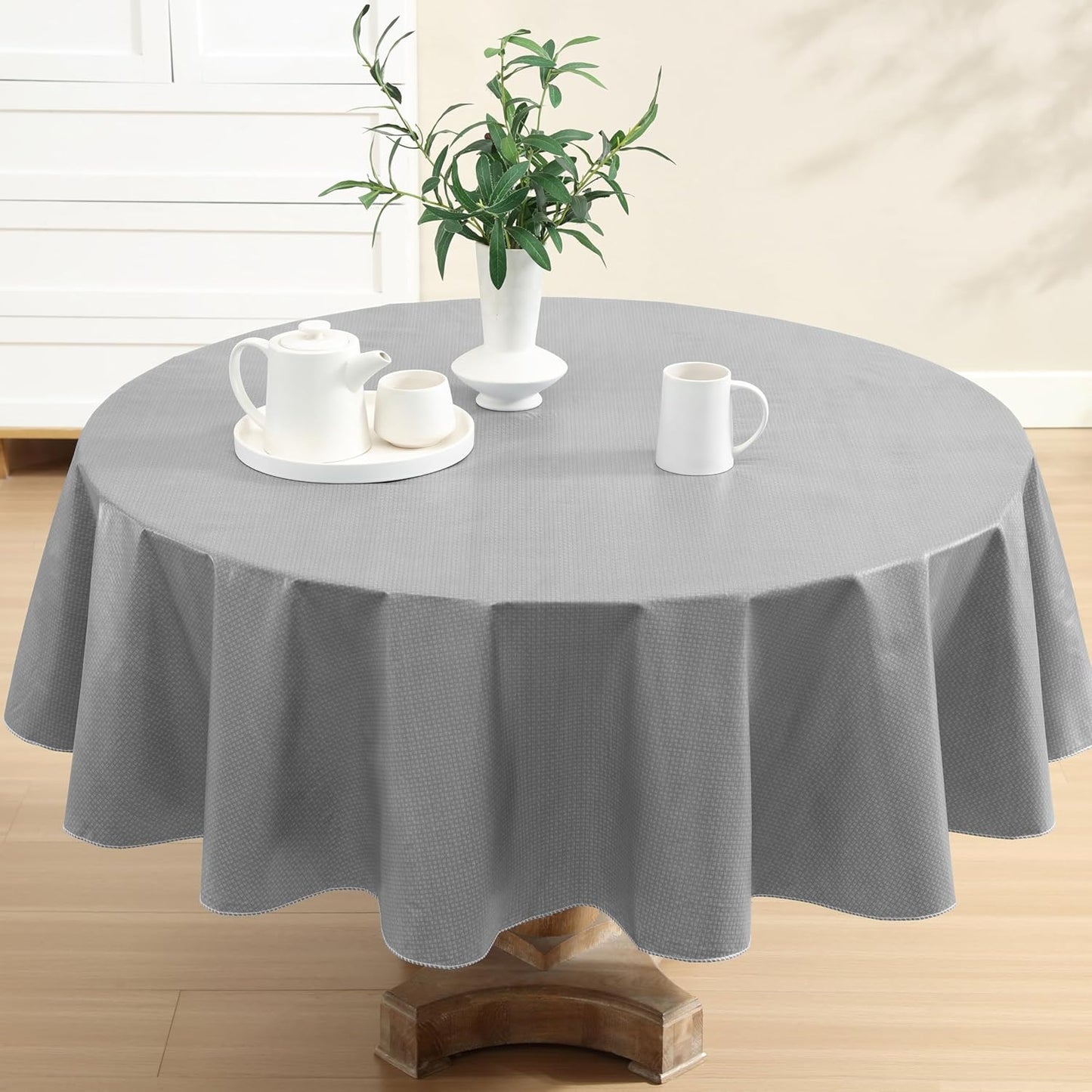 Newbridge Basketweave Vinyl Flannel Backed Tablecloth, 70 Inch Round, Grey, Basket Weave Textured Indoor Outdoor Waterproof Table Cover for Patio, Kitchen, Dining