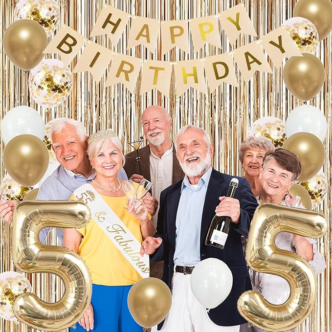 Trgowaul 55th Birthday Decorations for Women, Banner, Sash and Crown, Cake Topper, 55 Number Balloon, Fringe Curtains, Champagne Gold 55th Birthday Party Supplies